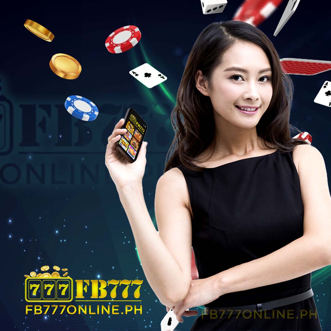 girl holding phone. background are casino chips, tokens and playing cards.